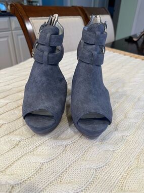 Guess Slate Blue Faux Suede Open-Toe Ankle Booties with Buckle Straps